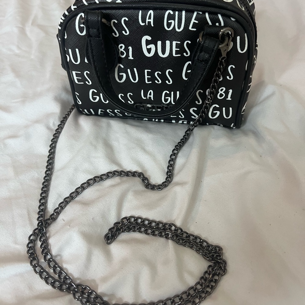 Guess Black and White Mini Crossbody Bag with Chain Strap